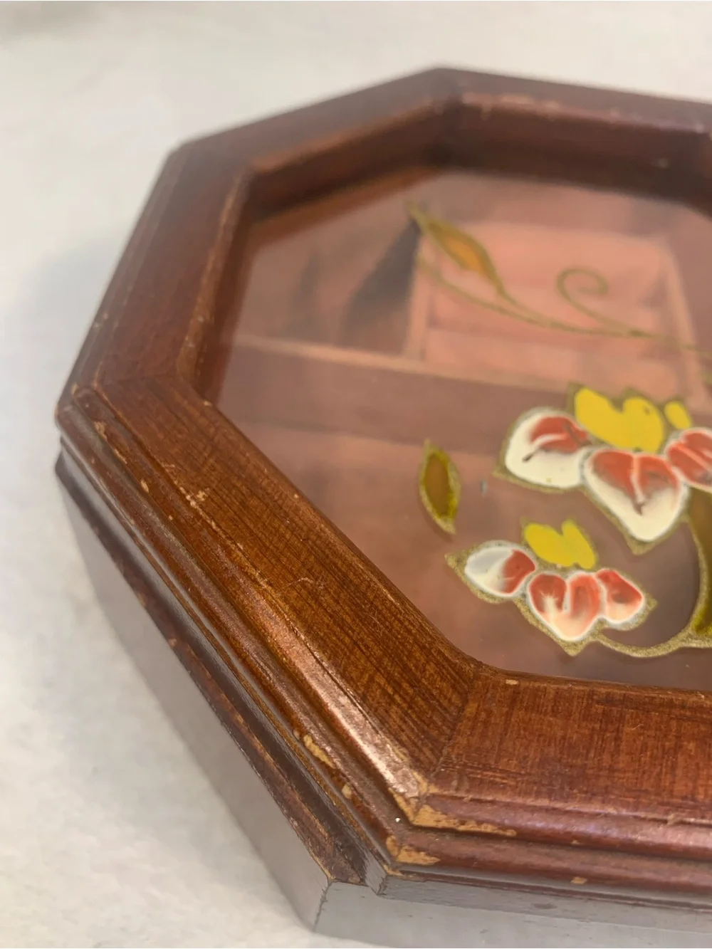 Cottagecore Grandma Octagonal Brown Floral Glass Jewelry Box - Velvet Inside